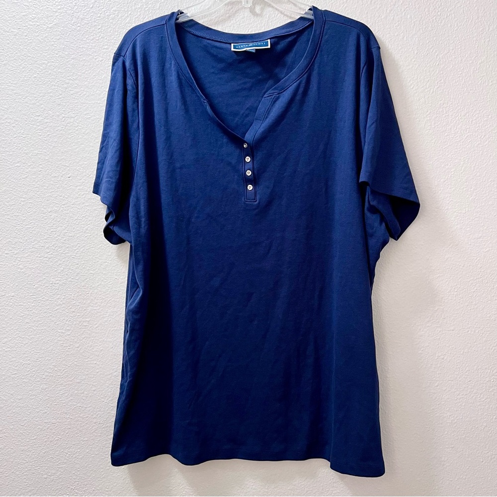 Karen Scott Women’s Navy Blue Plus Size Short Sleeve Henley Top Buttons 3X